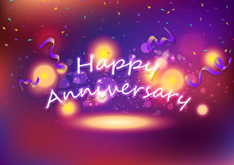 Happy Anniversary, ribbons and magic shooting stars, fantasy celebration glowing fireworks, light exploding backdrop party event abstract background vector illustration