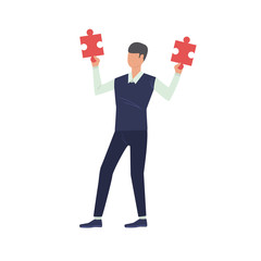 Man holding two pieces of puzzle flat icon. Jigsaw, task, metaphor. Vector illustration can be used for topics like business, problem solving, management