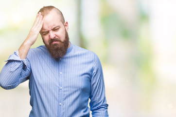 Sticker - Young caucasian hipster man over isolated background suffering from headache desperate and stressed because pain and migraine. Hands on head.