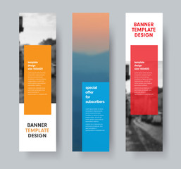 Poster - Template of vertical vector banners with transparent colored dice for text and place for photo.