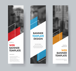 Poster - Templates for vertical web banners with diagonal elements for text, color design elements, lines and space for photos.