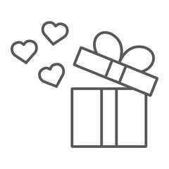 Poster - Gift thin line icon, love and package, gift box with hearts sign, vector graphics, a linear pattern on a white background.