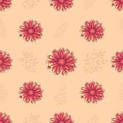 Seamless decorative floral pattern with pink and orange daisy flowers on light creamy background