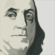 Close up view of Ben Franklin in this stylized drawing in muted colors 