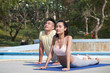 © DragonImages - Beautiful Asian couple relaxing outdoors, they doing yoga on the mats on fresh air