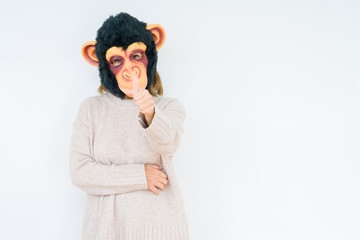 Sticker - Middle age woman wearing funny and crazy money mask over isolated background happy with big smile doing ok sign, thumb up with fingers, excellent sign