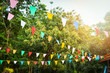 Leinwandbild Motiv Colorful party flags made of paper / Triangle paper flag hang in the garden decorate in event