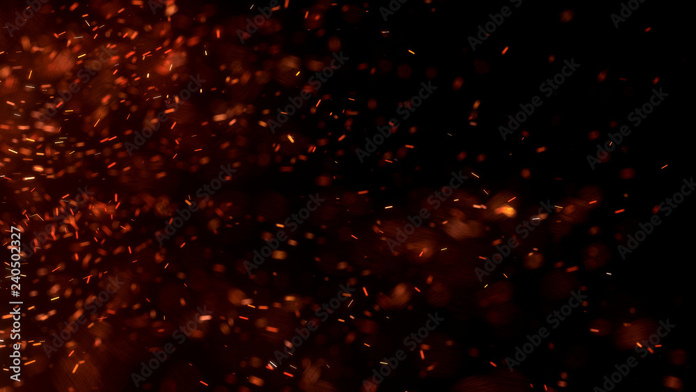 Burning red hot sparks fly from large fire in the night sky. Beautiful abstract background on the theme of fire, light and life. Burning embers glowing flying away particles over black background. - obrazy, fototapety, plakaty 