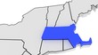 Massachusetts state highlighted in blue on 3D map of the United States 