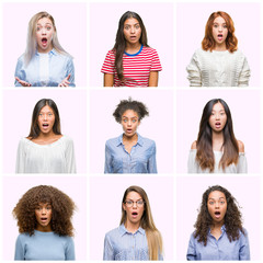 Sticker - Collage of young women over pink isolated background afraid and shocked with surprise expression, fear and excited face.