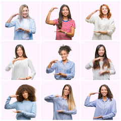 Poster - Collage of young women over pink isolated background gesturing with hands showing big and large size sign, measure symbol. Smiling looking at the camera. Measuring concept.