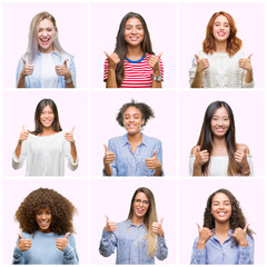 Poster - Collage of young women over pink isolated background success sign doing positive gesture with hand, thumbs up smiling and happy. Looking at the camera with cheerful expression, winner gesture.