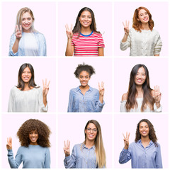 Poster - Collage of young women over pink isolated background showing and pointing up with fingers number three while smiling confident and happy.