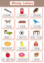 Missing Letters, Find The Missing Letters And Write Them In Relevant Places, Worksheet For Children,