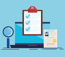 curriculum vitae in laptop with magnifying glass