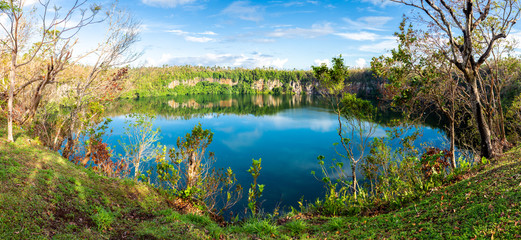 Spectacular volcanic crater lake Lalolalo in the island of Uvea (Wallis), Wallis and Futuna (Wallis-et-Futuna), Polynesia, Oceania, South Pacific Ocean. French overseas island collectivity.