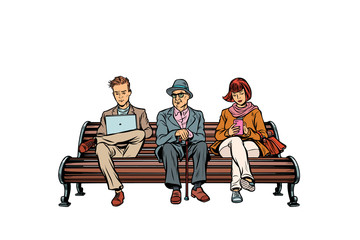 people sit on the bench. pensioner, woman and man