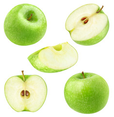 Isolated apples. Collection of whole and cut green apples isolated on white background with clipping path