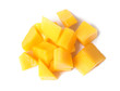 Fresh juicy mango cubes isolated on white, top view
