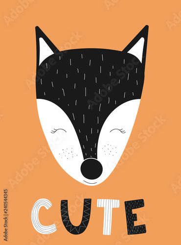Foto-Schiebegardine Komplettsystem - Vector image of the poster with fox and the inscription cute on orange background. Hand-drawn children black and white scandinavian illustration. The concept of print, clothing, nursery, cards, banner (von Anton)