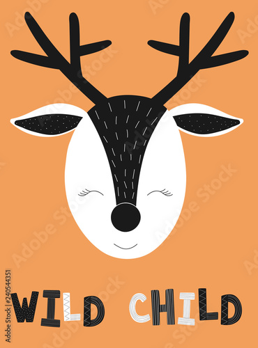 Foto-Schiebegardine Komplettsystem - Vector image of the poster with deer and the inscription wild child on orange background. Hand-drawn children black and white scandinavian illustration. For print, clothing, nursery, cards, banner (von Anton)
