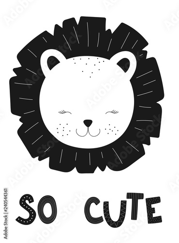 Foto-Schiebegardine Komplettsystem - Vector image of the poster with lion and the inscription so cute. Hand-drawn children black and white scandinavian illustration. For print, clothing, nursery, cards, banner, textile, decor, home (von Anton)
