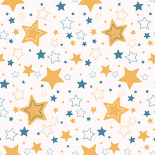 Cute Vector Cartoon Starry Sky.  Hand Drawn Seamless Repeat Pattern. Night Time  Magical Cosmic Space Elements Illustration For Baby Or Kids.