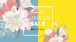 Floral summer sale banner template design, bouquets of orchid, pink Dendrobium orchid, white Cattleya orchid, red Anthurium flowers and fern on blue and yellow background, pastel theme