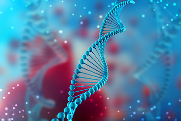 3d Illustration of DNA molecule. The blue helical molecule of a nucleotide in organism. Genome and modification