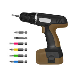 Electric cordless screwdriver in vector.Bits for bolts and screws in the vector.