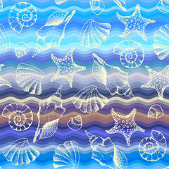 Fototapete - Blue waves pattern and hand draw in marine style.