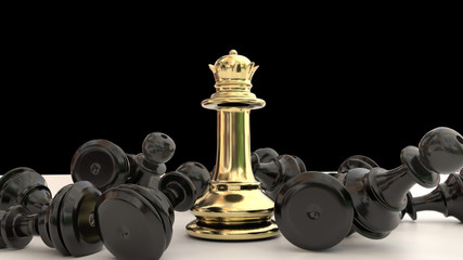 queen golden wins in a chess game the black pawns the  winner - 3d rendering