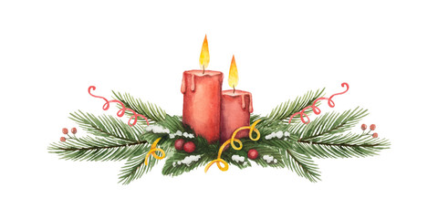 Wall Mural - watercolor vector christmas wreath with green fir branches and candles.