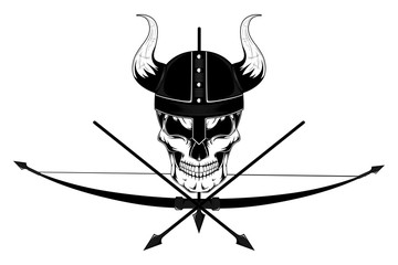 Canvas Print - Skull viking in a helmet with horns, bow and arrows.