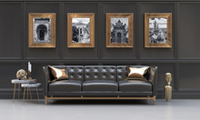 Luxury Interior Of A Black And Metallic Gold Living Room With Black And White Photographies, Side Tables, Sofa, Cushions And Ethnic Sculptures.  3D Rendering Illustration