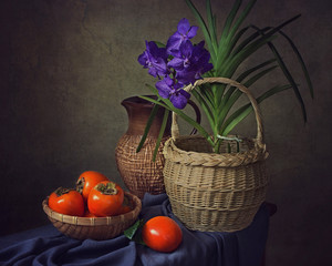 Wall Mural - Still life with orchid flower and persimmon