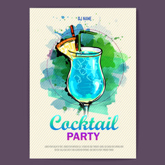 Hand drawn artistic cocktail disco poster. Watercolor paint