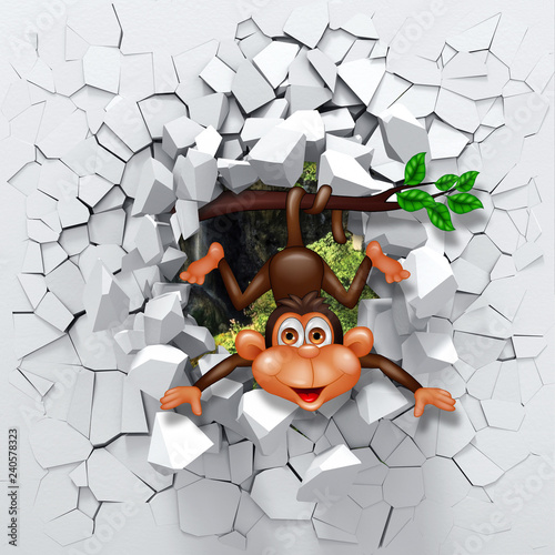 Fototapeta na wymiar 3d background, little monkey peeping from a broken wall.3D wall looks very lovely and also brings different colors to room! It will visually expand children's room and become an accent in the interior