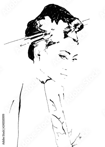 和筆 . Asian woman. Geisha. Black and white. fashion illustration. vector sketc...