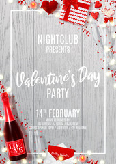 Wall Mural - Party flyer for Happy Valentine's Day. Vector illustration with top view on realistic bottle of champagne, gift boxes, red serpentine and confetti on wooden texture. Invitation to nightclub.