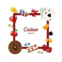 Wall Mural - Vector realistic casino gamble flying around frame with place for text illustration isolated on white background