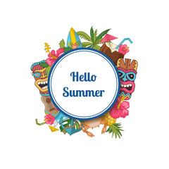 Wall Mural - vector cartoon summer travel elements under circle with place for text illustration isolated on whit