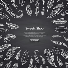 Poster - banner and poster vector boho doodle feathers on black chalkboard background illustration