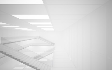  Abstract white interior multilevel public space with neon lighting. 3D illustration and rendering.