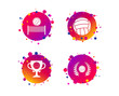 © blankstock - Volleyball and net icons. Winner award cup and laurel wreath symbols. Beach sport symbol. Gradient circle buttons with icons. Random dots design. Vector
