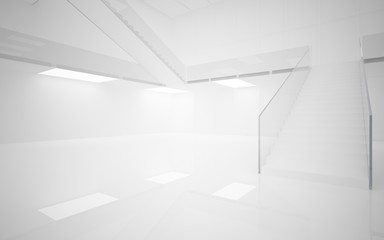 Abstract white interior multilevel public space with neon lighting. 3D illustration and rendering.