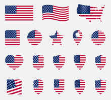 Usa Flag Icons Set, National Symbol Of The United States Of America