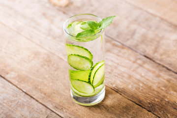 Fresh cucumber and mint in glass. Detox water. Health