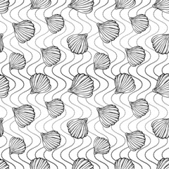 Naklejka na meble Black and white sea shells on a dotted wavy background. Vector seamless pattern.