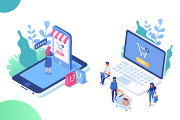 Online shopping, online ordering system isometric concept. Electronic commerce concept with people. Isometric People with phone and laptop. Big Sale. Modern design vector illustration.